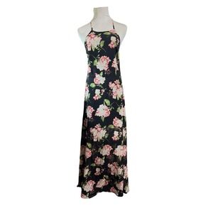 Forever 21 Maxi Dress Women Large Floral Halter Neck Black Pink Summer Wedding